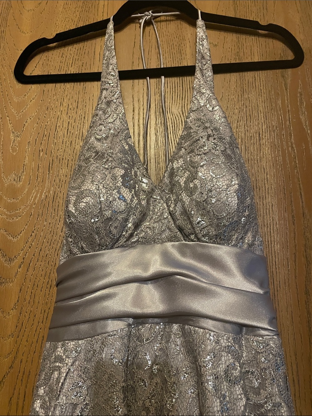 Betsy & Adam Shimmery Silver Lace Evening Dress - Picture 2 of 5